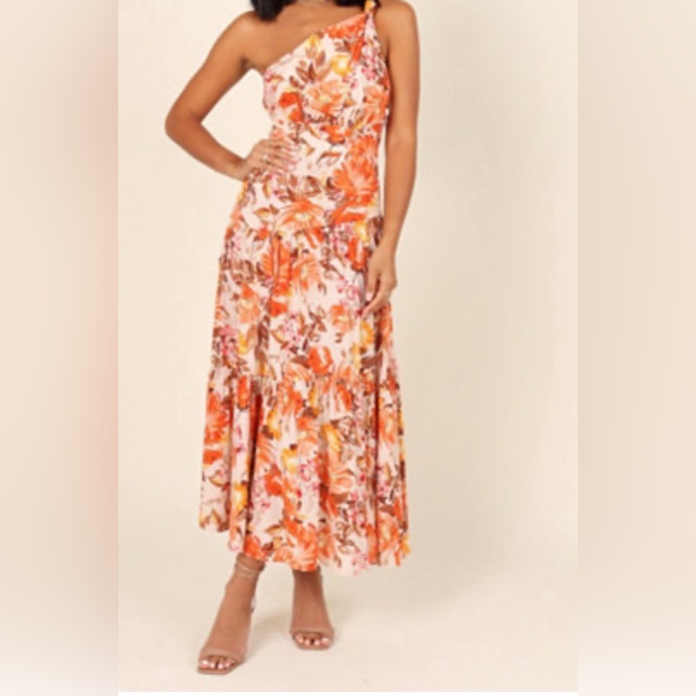 Petal + Pup One Shoulder Floral Midi Dress US 10 AU 14 Orange Pink Tiered